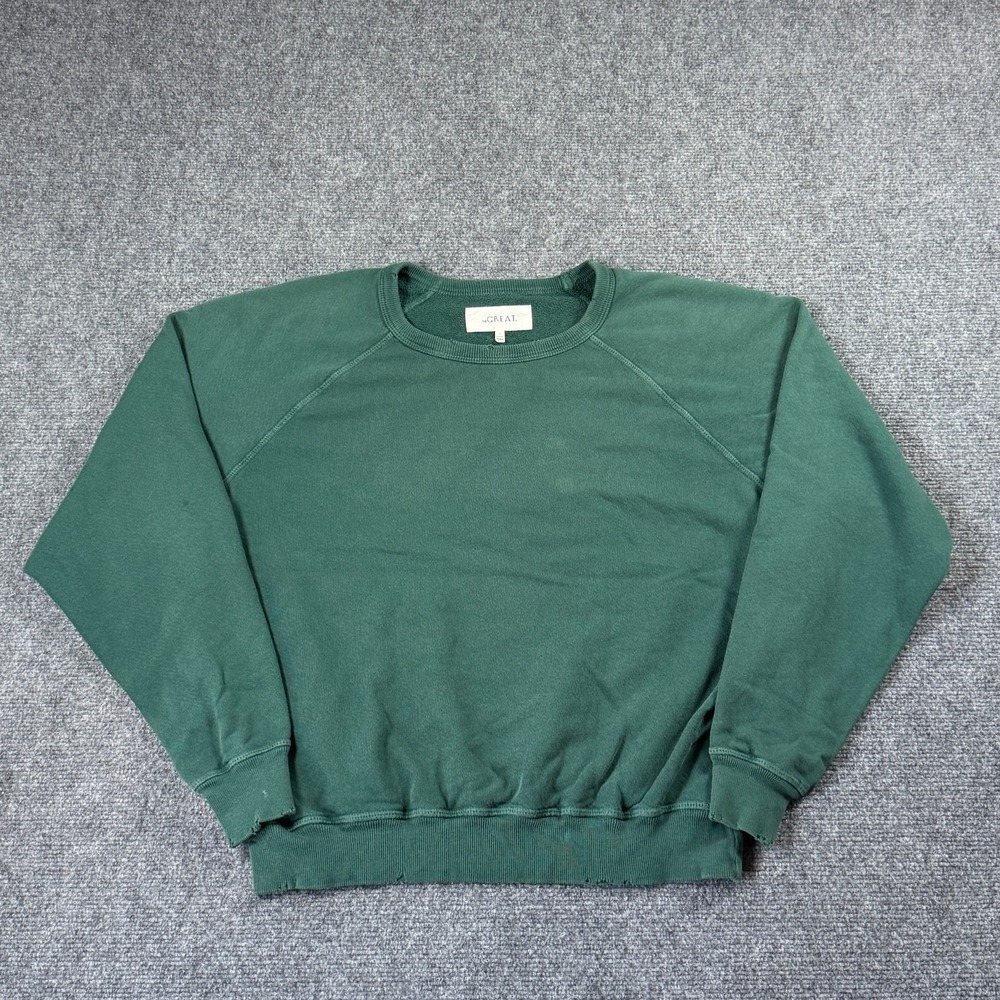 The Great The College Distressed Oversized Crew Sweatshirt Women 2 M Faded Green